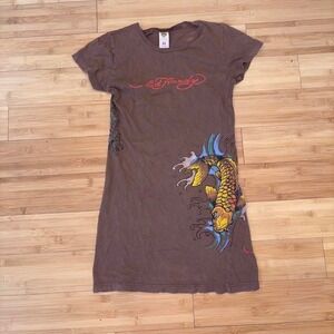 Ed Hardy Koi Fish Brown Graphic Mini Dress Y2K Tattoo Streetwear M